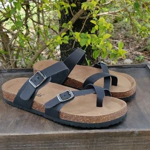 Vegan Leather Toe-Loop Buckle Flats Cork Sandals